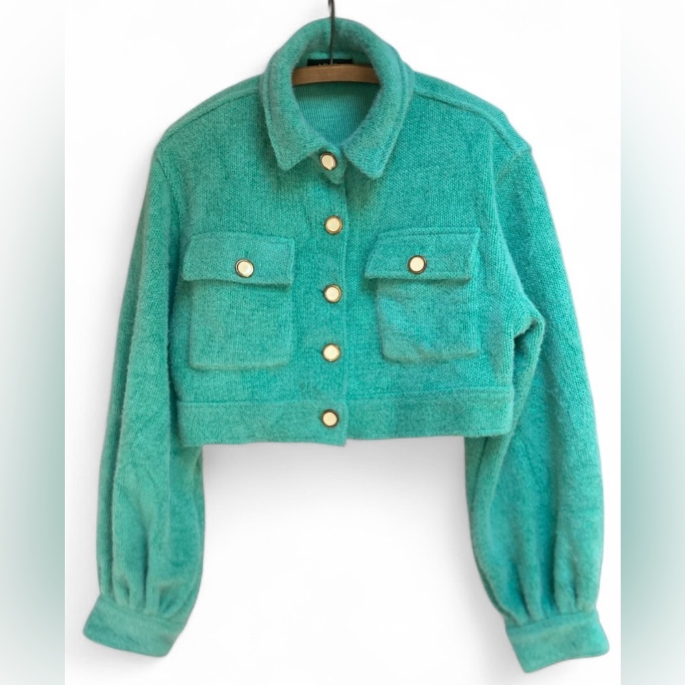 AKIRA Women's Medium Cropped Jacket Green Feather Yarn Chenille Button Front